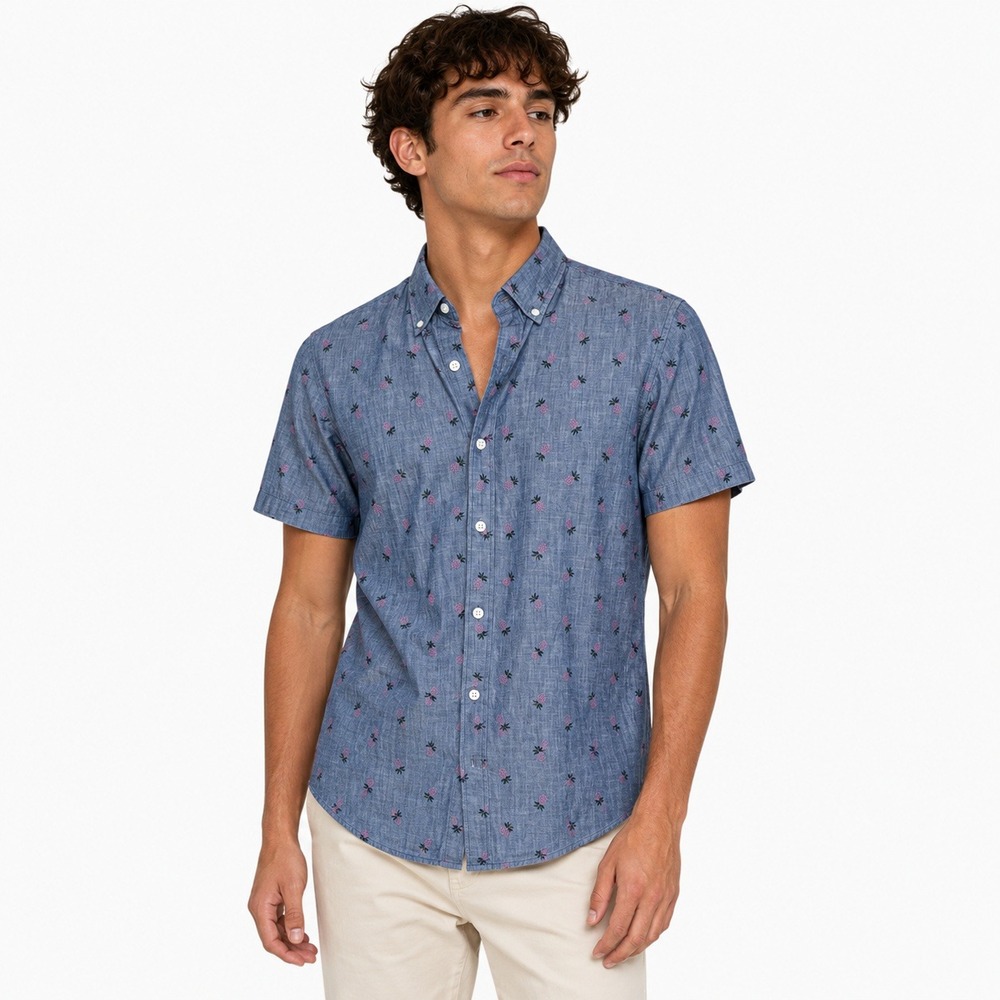 Bonobos Pineapple Print Chambray Short Sleeve Button Down Blue 100% Cotton Sz S